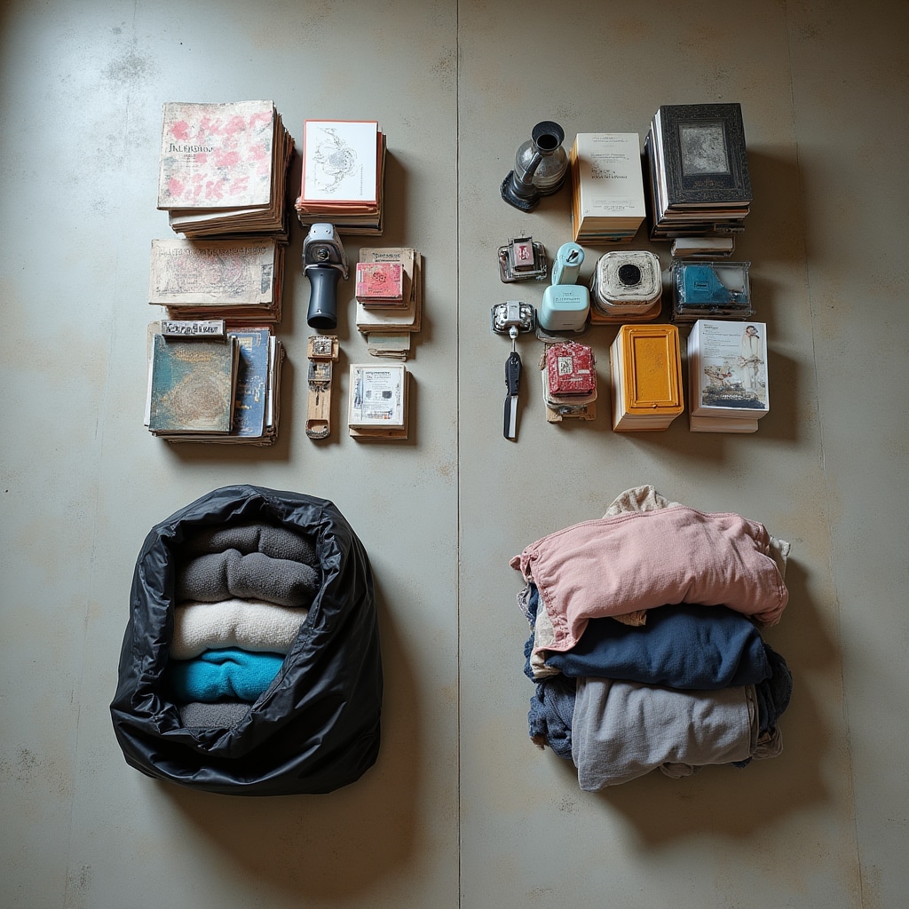 Oggetti disposti a terra e categorizzati in gruppi durante il decluttering