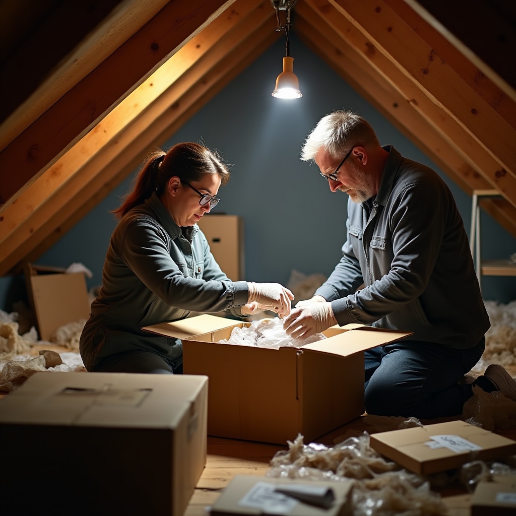 Operatori al lavoro in una soffitta durante la fase di organizzazione