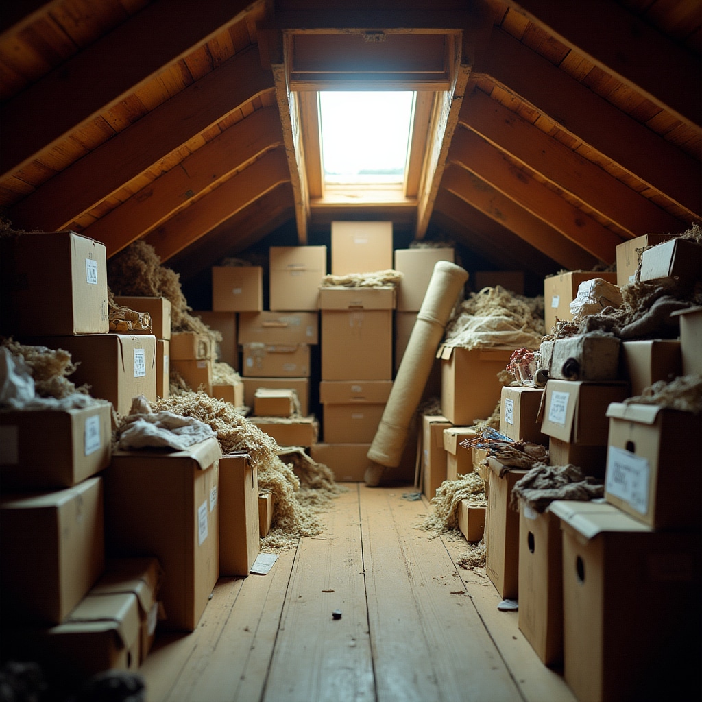 Soffitta con scatole e oggetti da categorizzare durante il processo